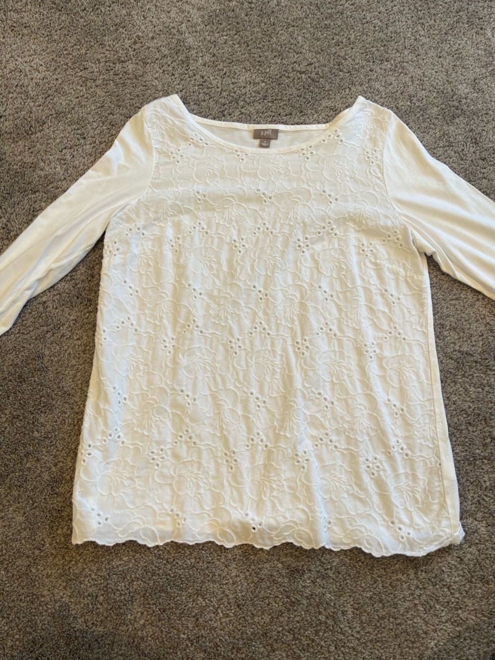 J. Jill White Floral Eyelet Embroidered 3/4 Sleeve Top Size Medium